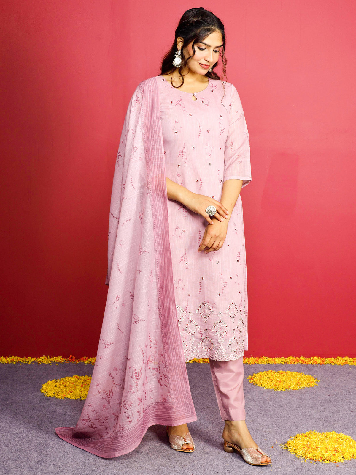 Chanderi Floral Panelled Pink Kurta