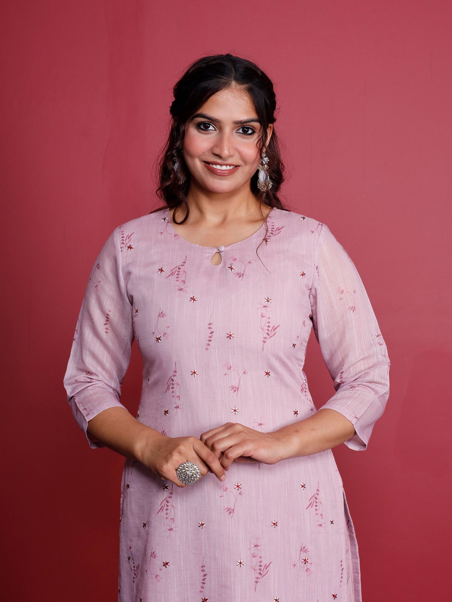 Linen Blend Floral Panelled Pink