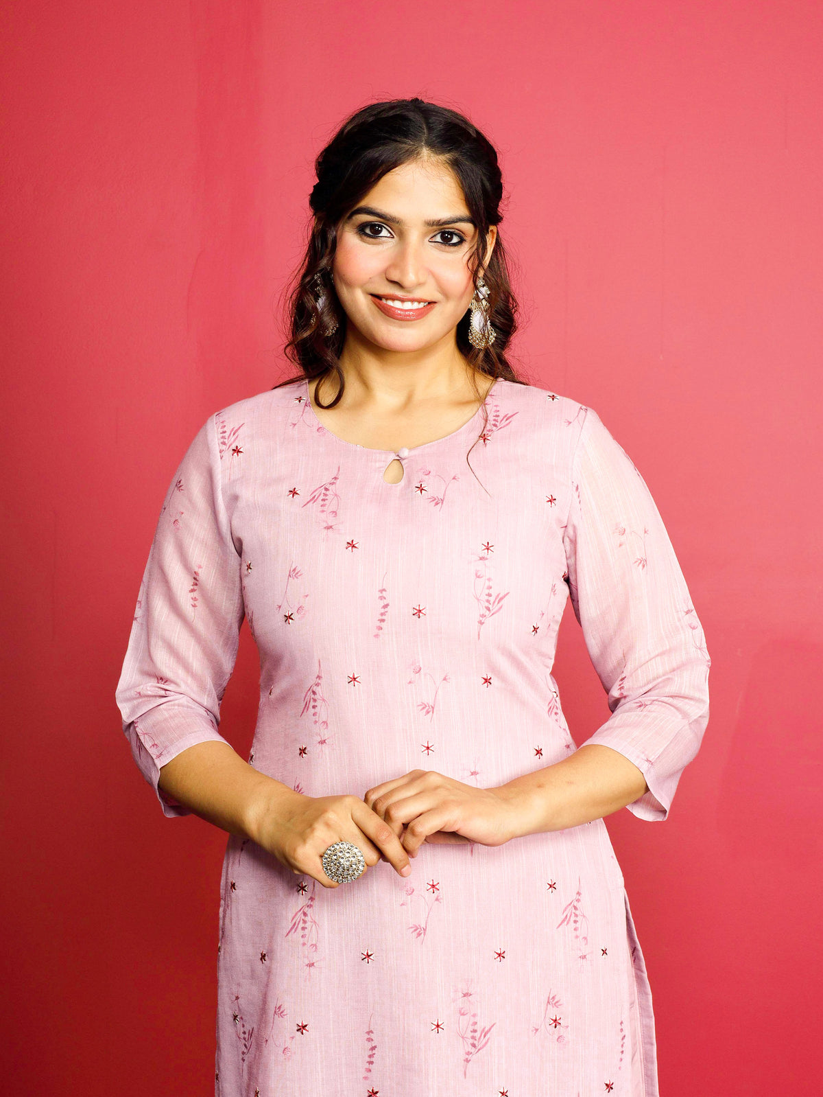 Chanderi Floral Panelled Pink Kurta