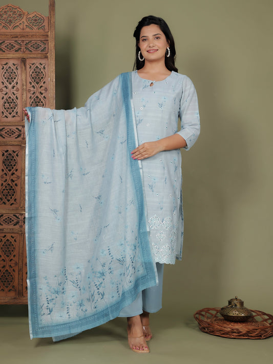 Chanderi Floral Sky Blue Dupatta