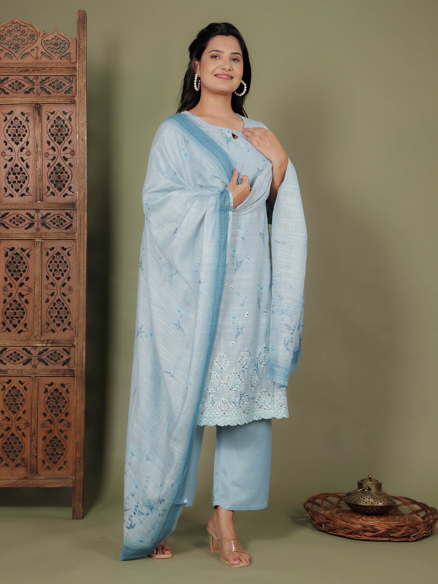 Chanderi Floral Sky Blue Dupatta