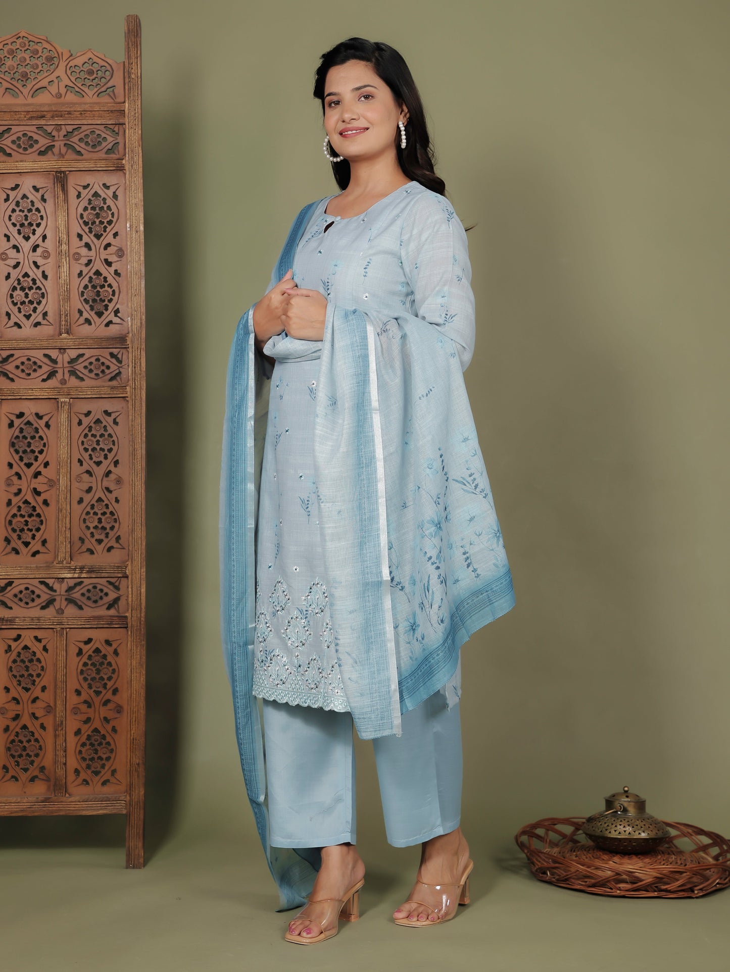 Chanderi Floral Sky Blue Dupatta