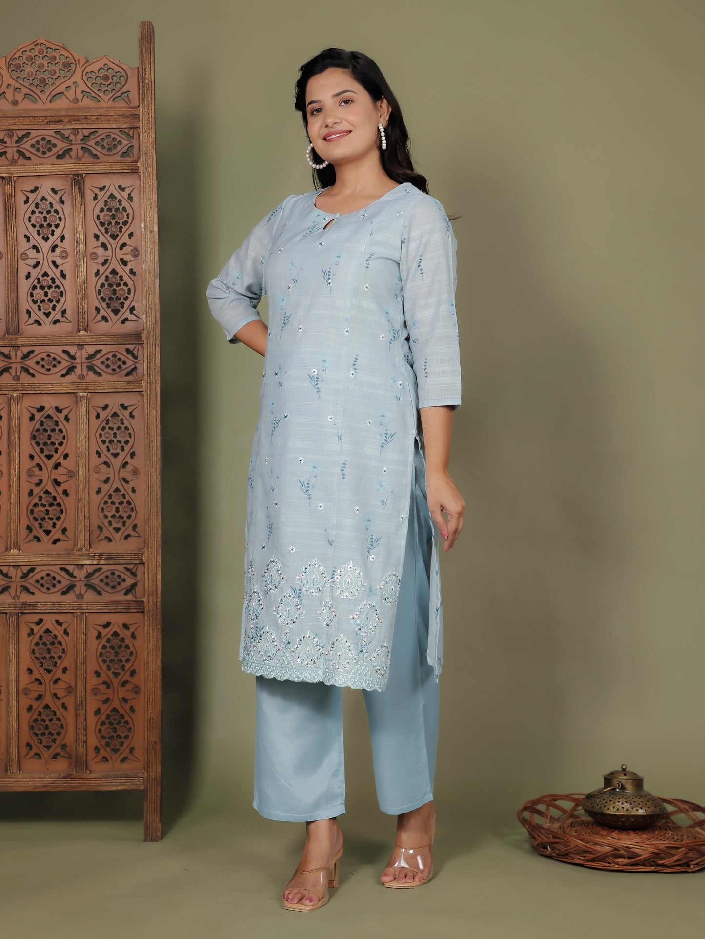 Chanderi Floral Panelled Sky Blue Kurta