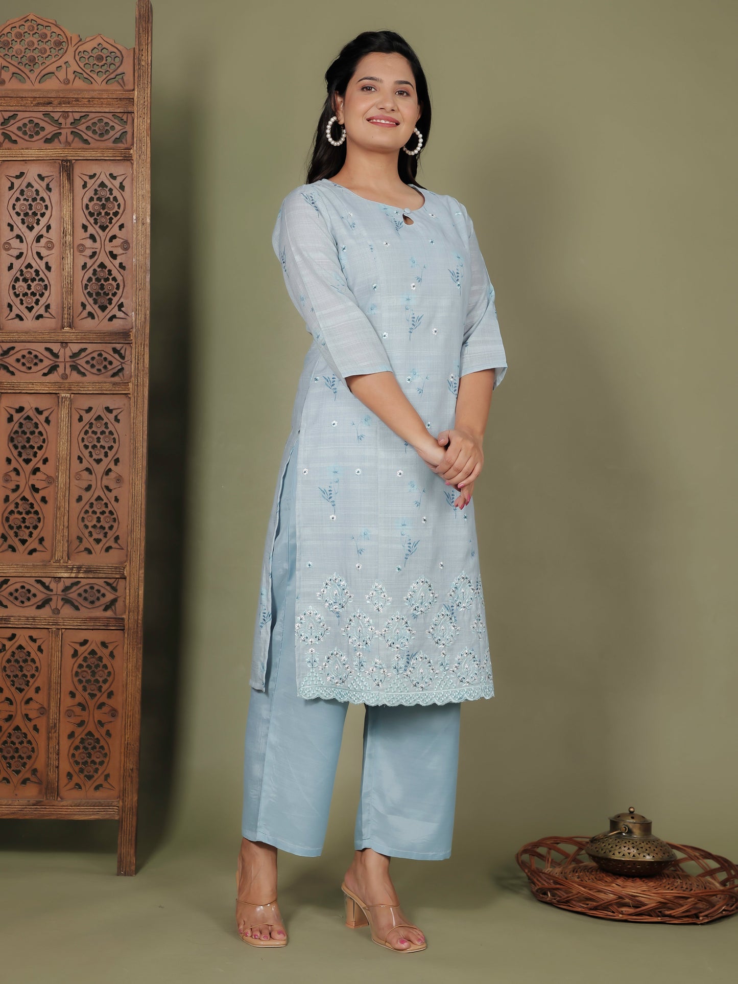 Chanderi Floral Panelled Sky Blue Kurta
