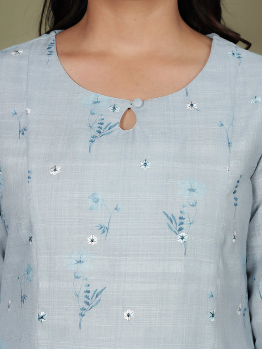 Chanderi Floral Panelled Sky Blue Kurta