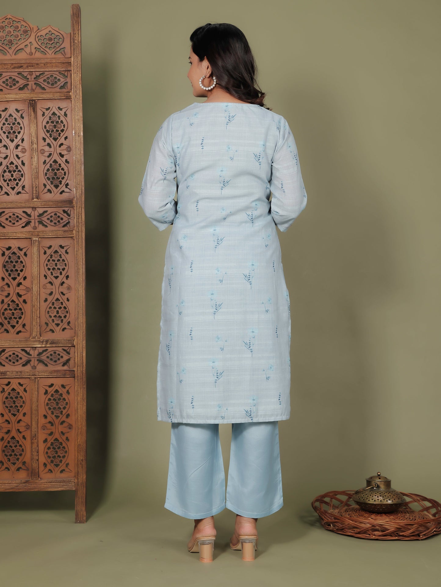 Chanderi Floral Panelled Sky Blue Kurta