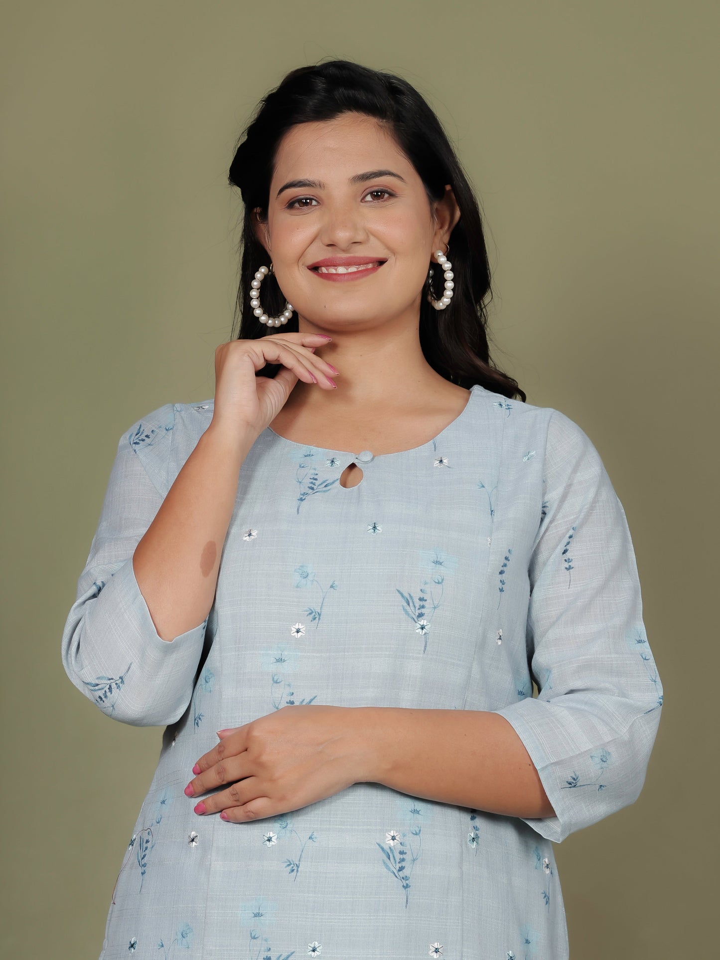 Chanderi Floral Panelled Sky Blue Kurta