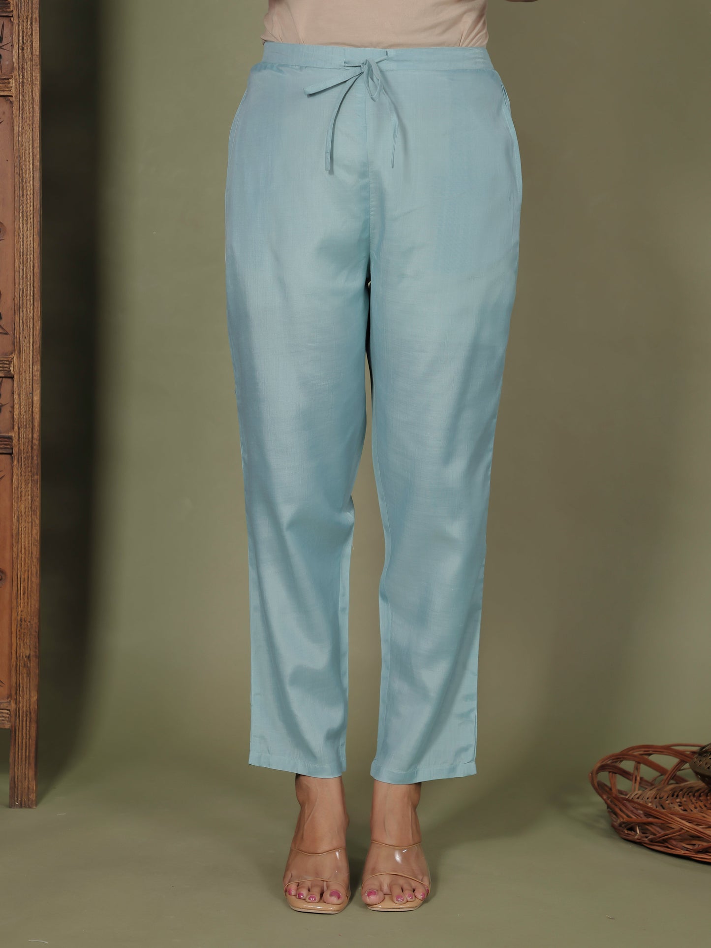 Chanderi Solid Green Tapered Trousers
