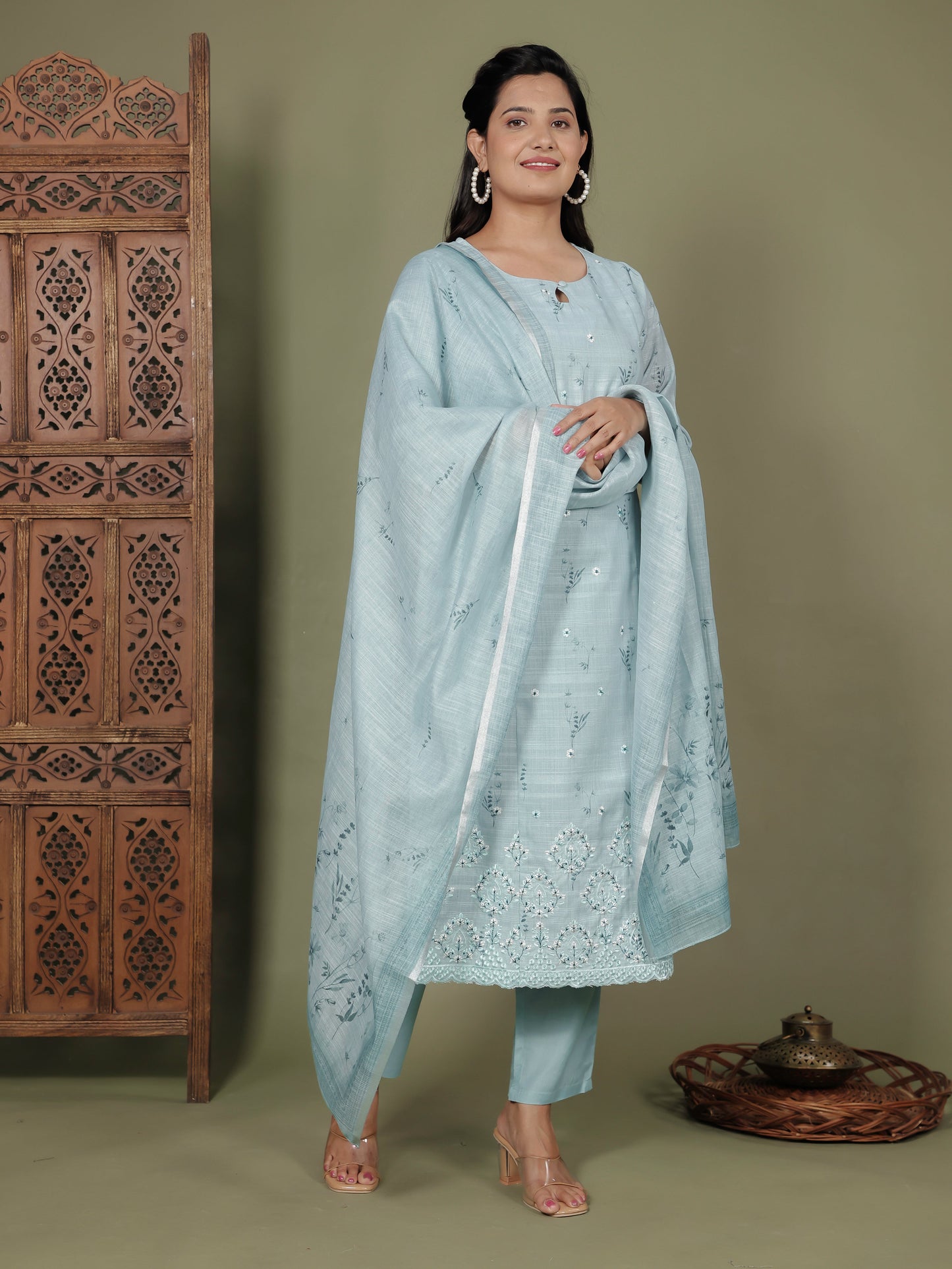 Chanderi Floral Green Dupatta