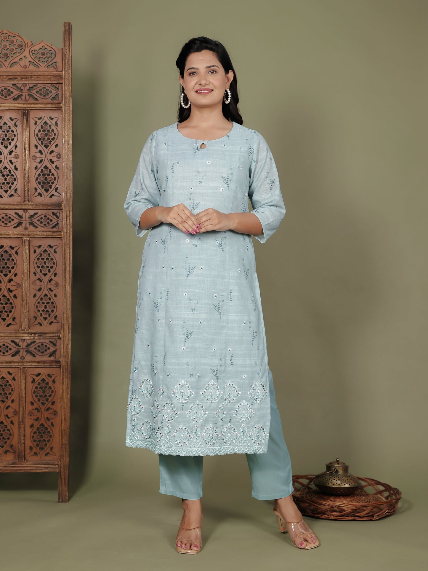 Embroidered Chanderi Floral Panelled Green Kurta