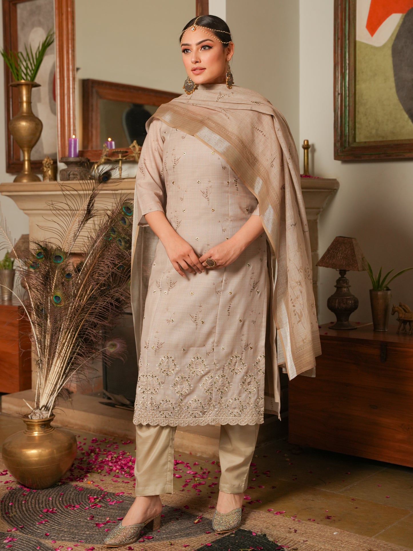 Embroidered Linen Cotton Floral Straight Beige Kurta