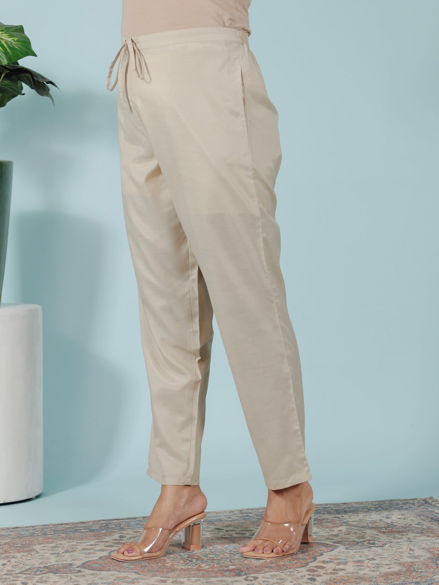 Chanderi Solid Beige Tapered Trousers