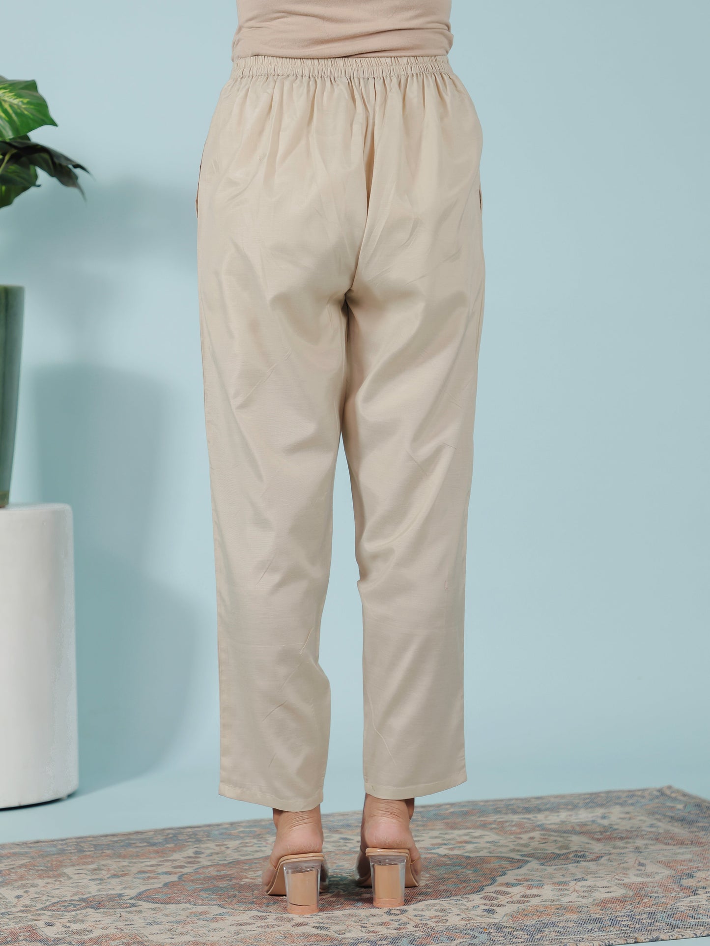 Chanderi Solid Beige Tapered Trousers