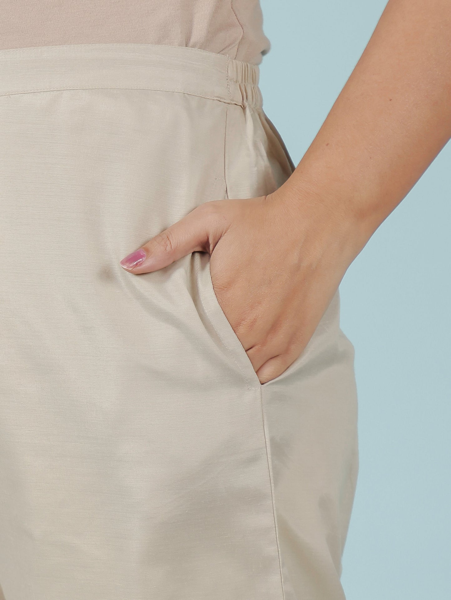 Chanderi Solid Beige Tapered Trousers