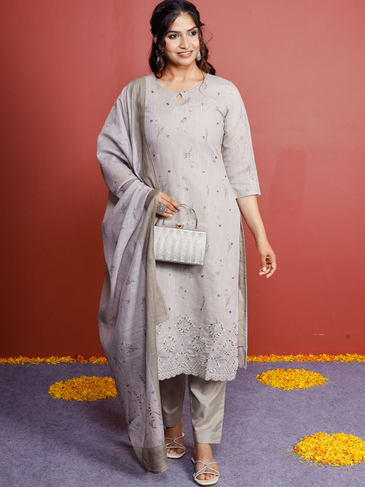 Linen Cotton Floral Beige Dupatta