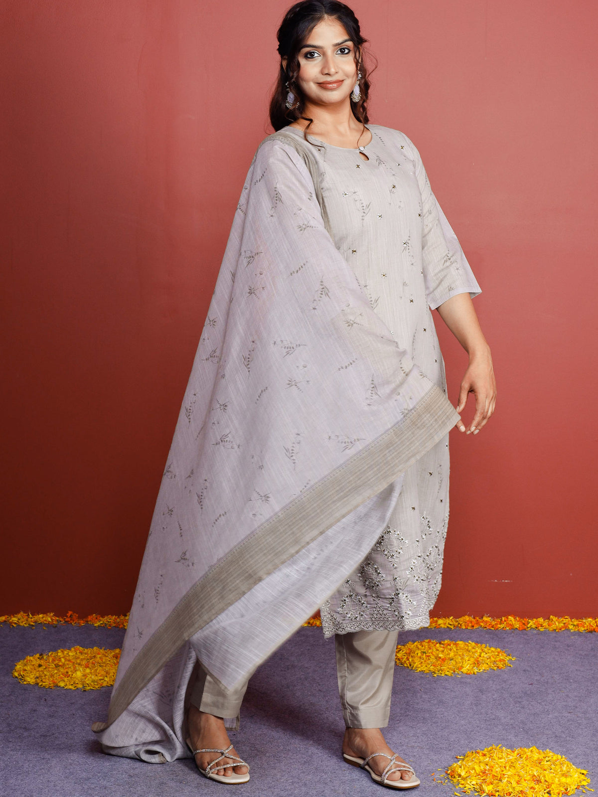 Linen Cotton Floral Beige Dupatta