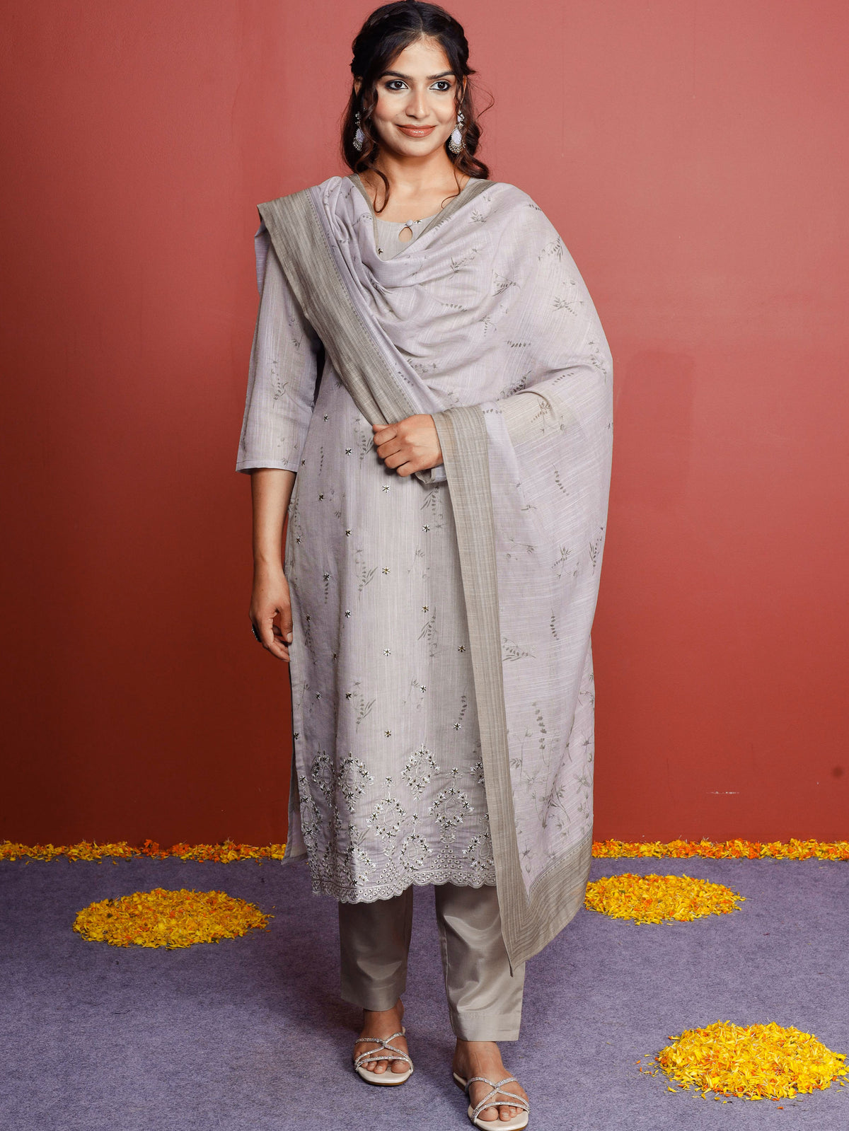 Linen Cotton Floral Beige Dupatta