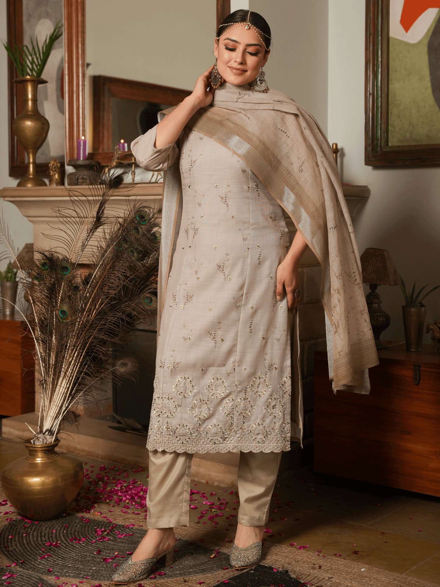Embroidered Linen Cotton Floral Straight Beige Kurta