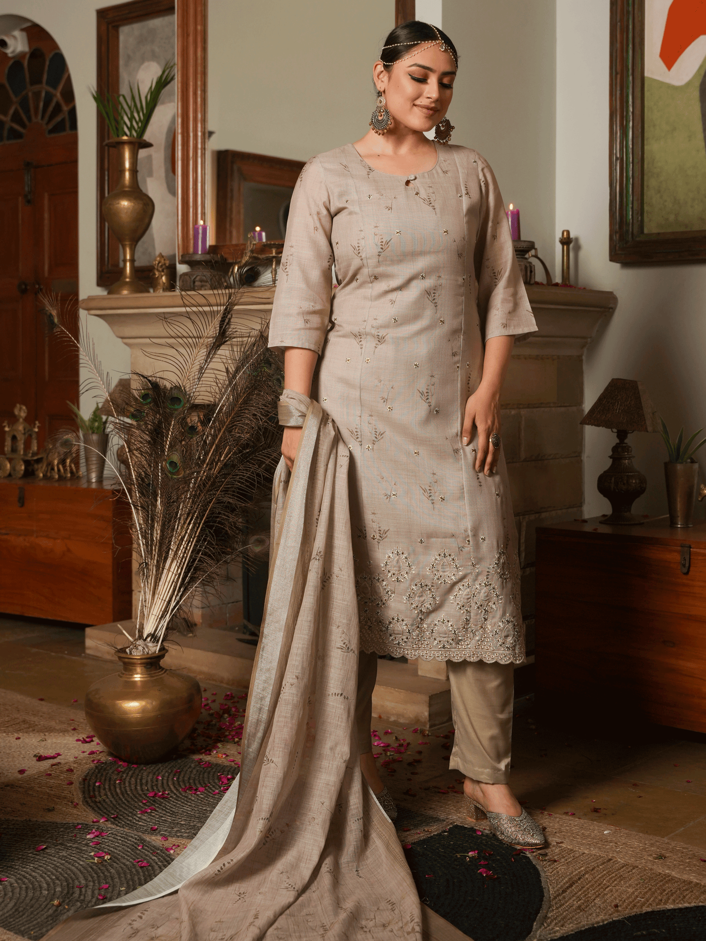 Embroidered Linen Cotton Floral Straight Beige Kurta