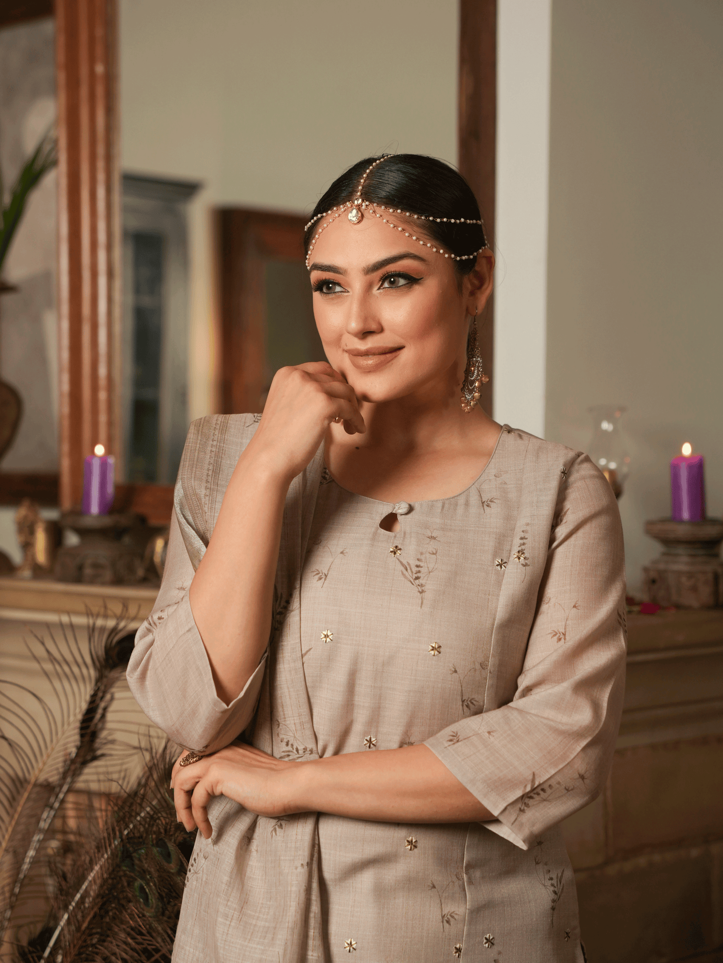 Embroidered Linen Cotton Floral Straight Beige Kurta