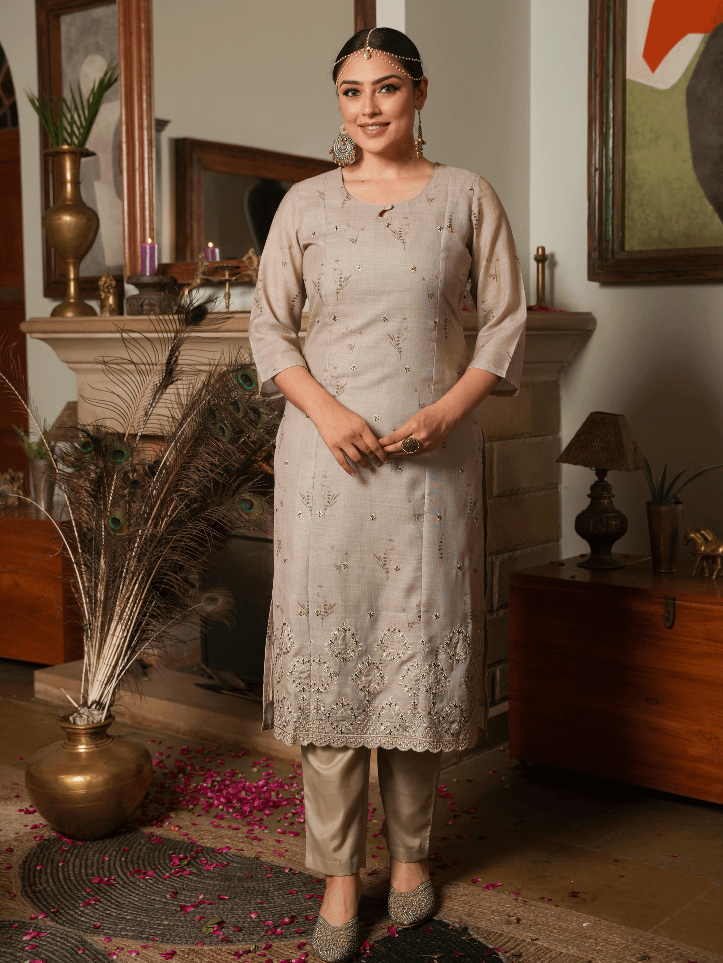 Embroidered Linen Cotton Floral Straight Beige Kurta