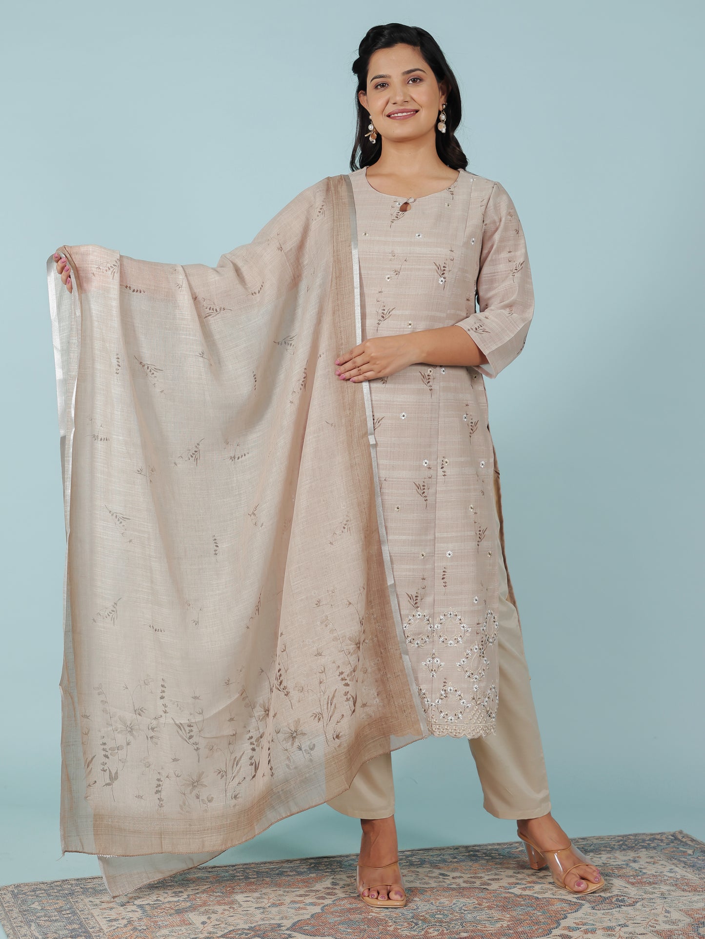 Embroidered Chanderi Floral Panelled Beige Kurta