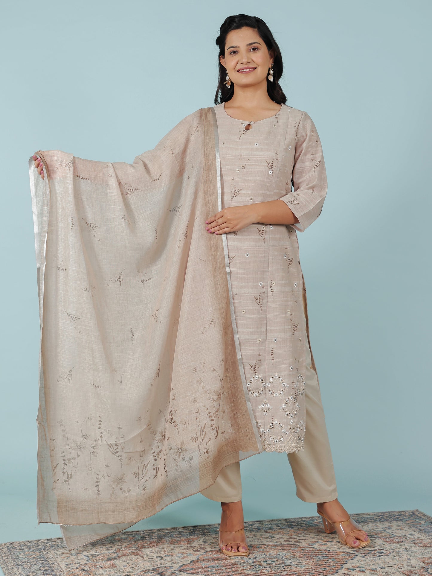 Chanderi Floral Panelled Beige Kurta