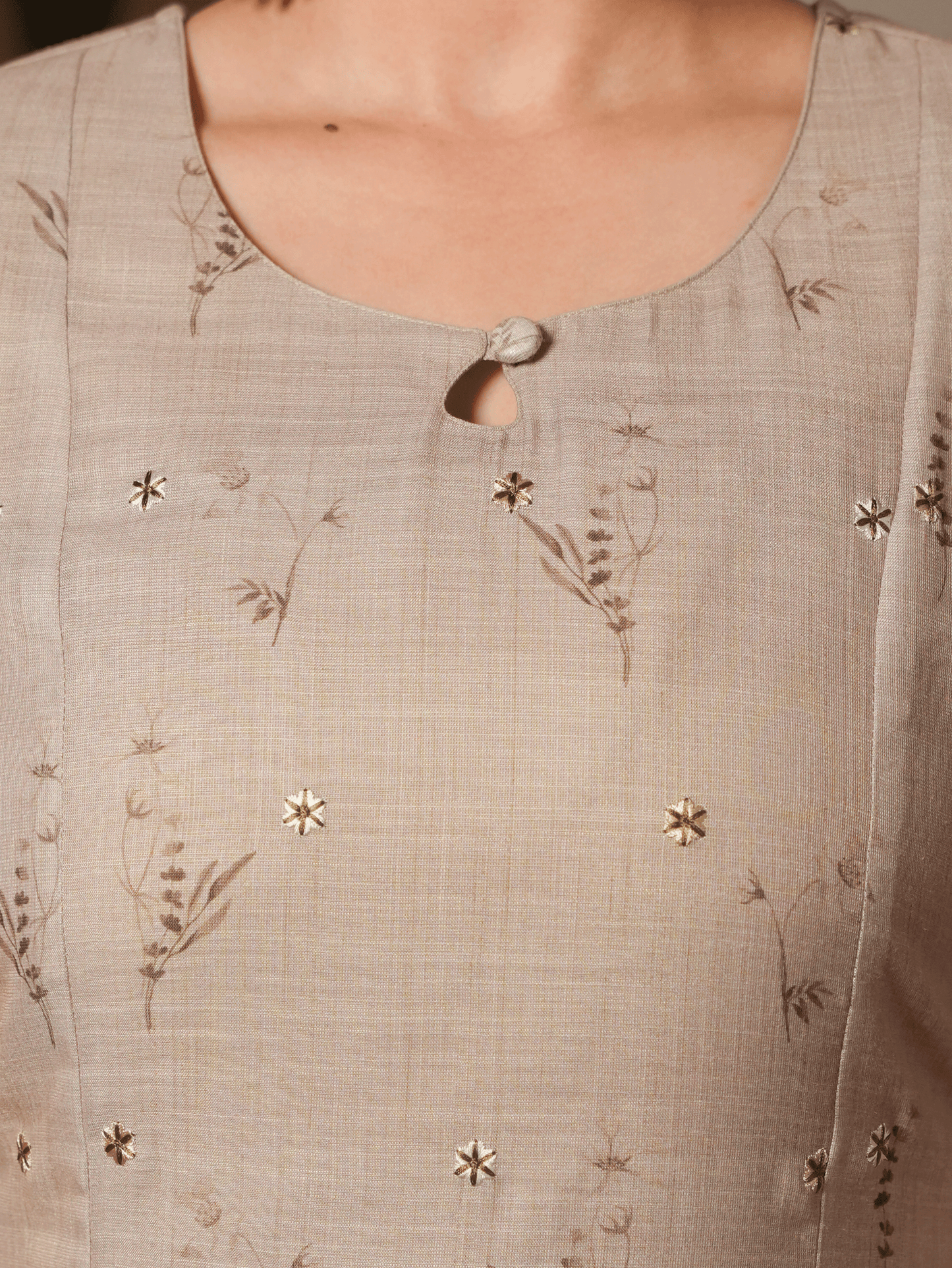 Embroidered Linen Cotton Floral Straight Beige Kurta