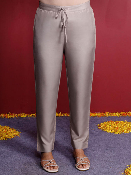 Chanderi Solid Beige Tapered Trousers
