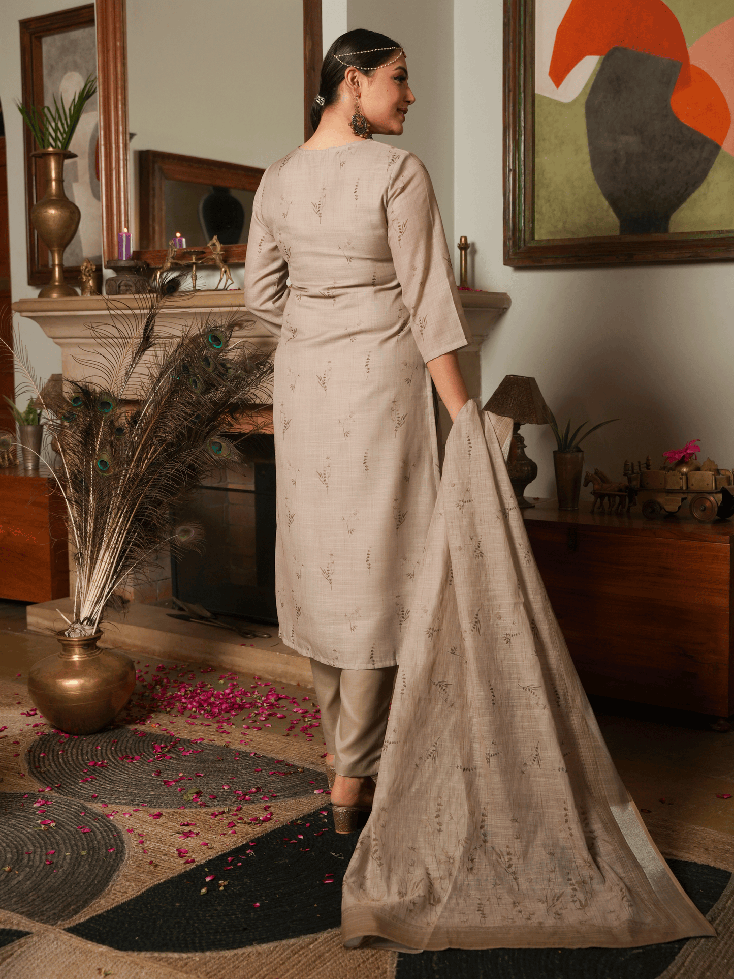Embroidered Linen Cotton Floral Straight Beige Kurta