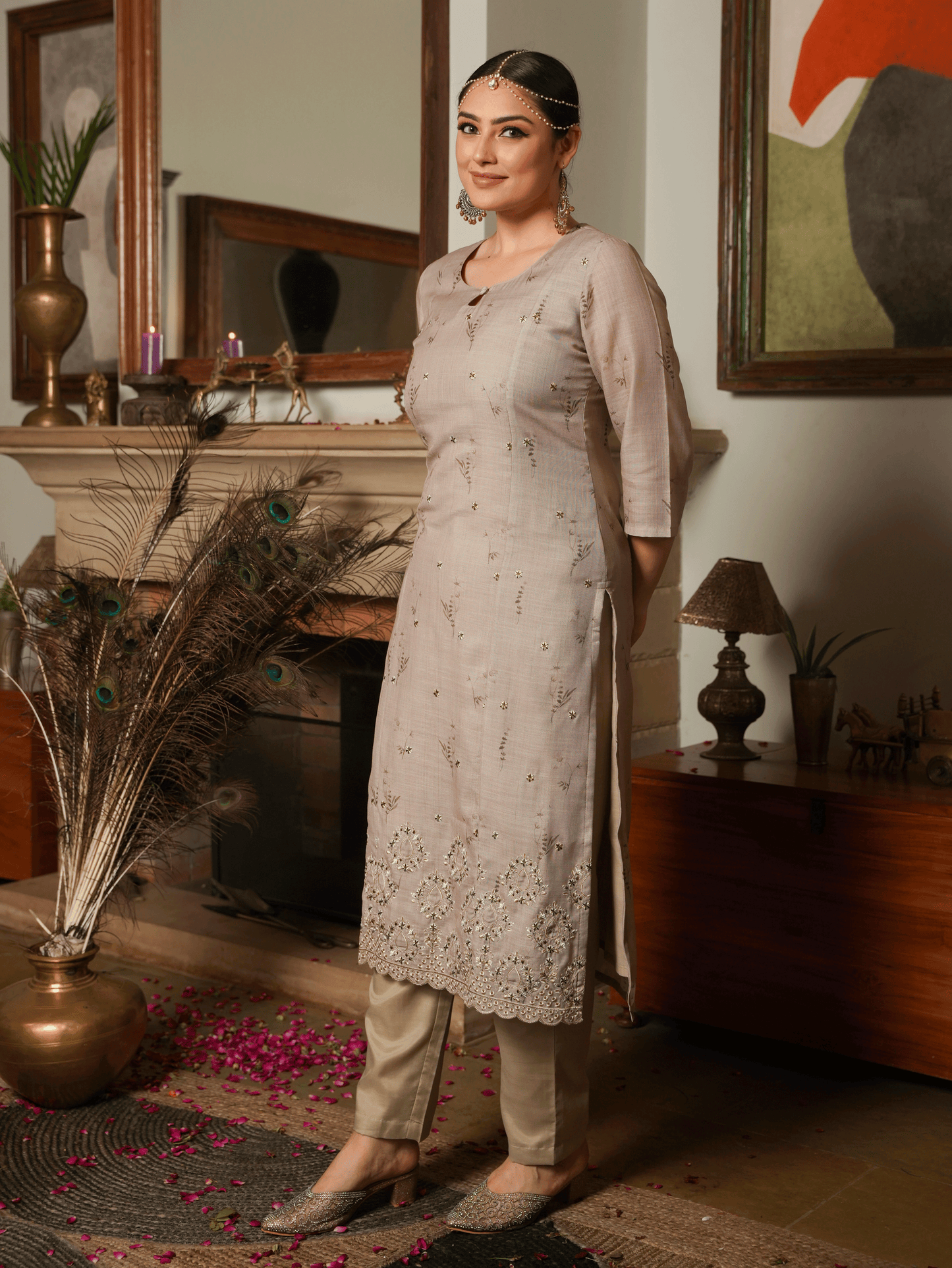 Embroidered Linen Cotton Floral Straight Beige Kurta