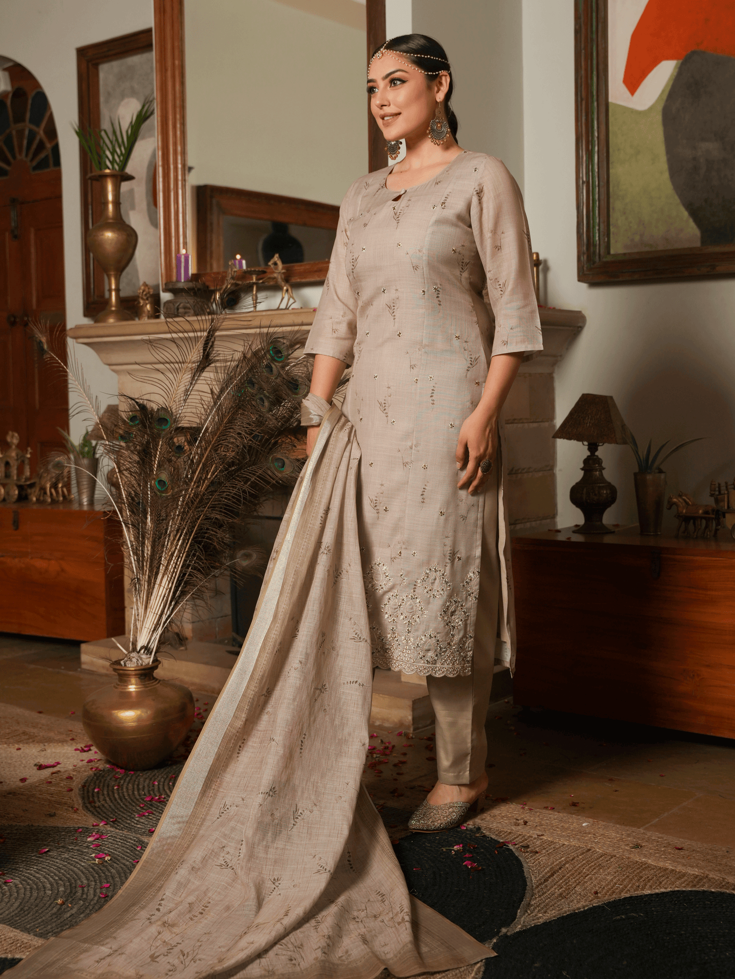 Embroidered Linen Cotton Floral Straight Beige Kurta