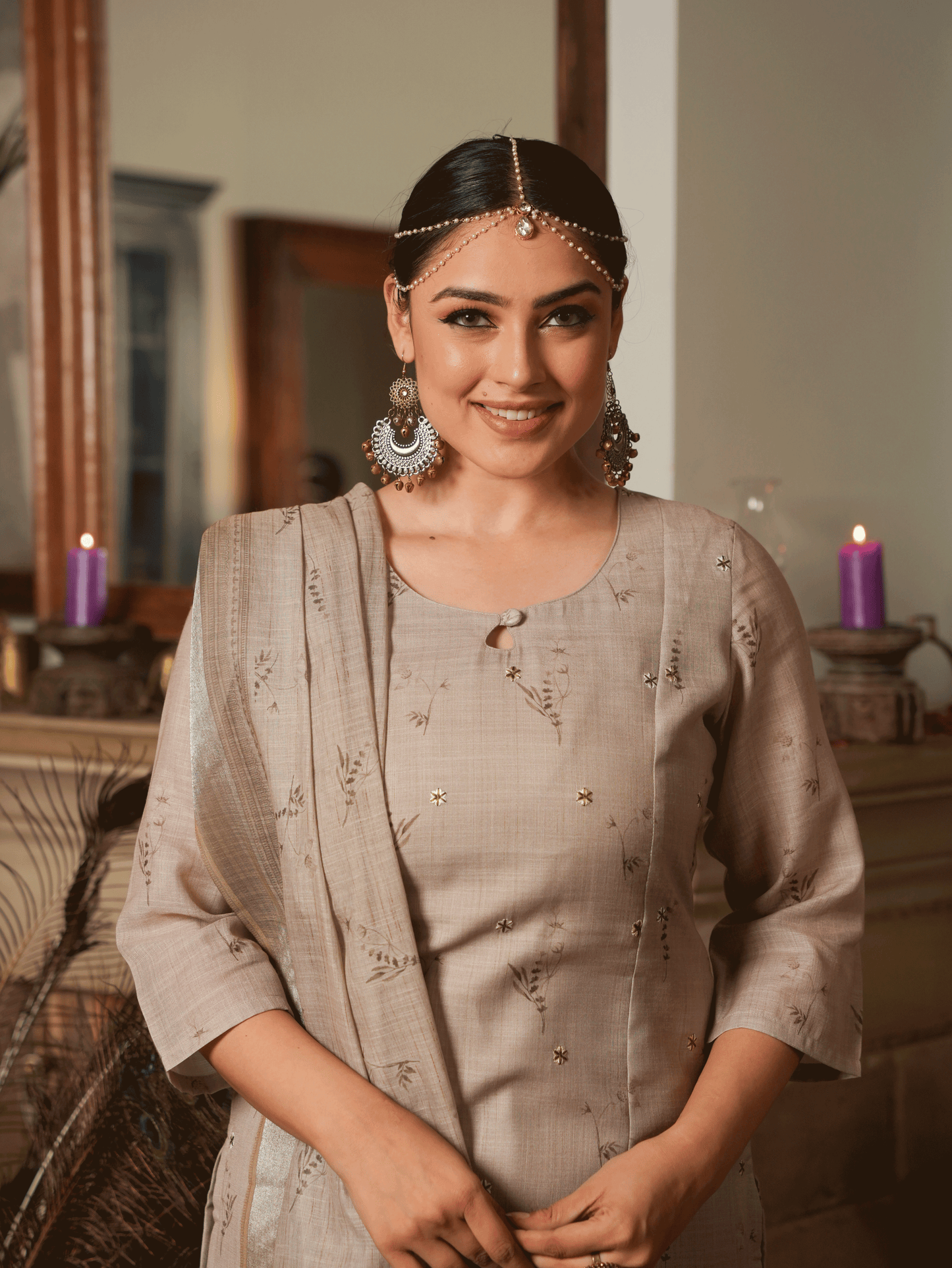 Embroidered Linen Cotton Floral Straight Beige Kurta
