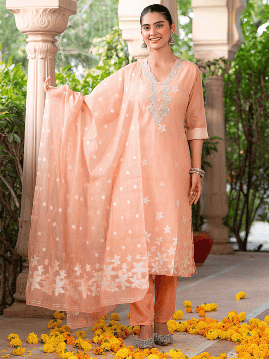 Chanderi Floral Peach Dupatta