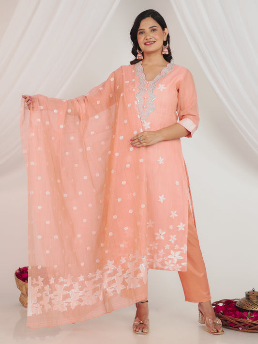 Chanderi Floral Peach Dupatta