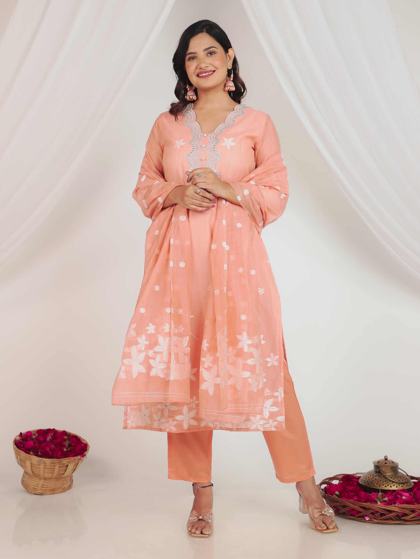 Chanderi Floral Peach Dupatta