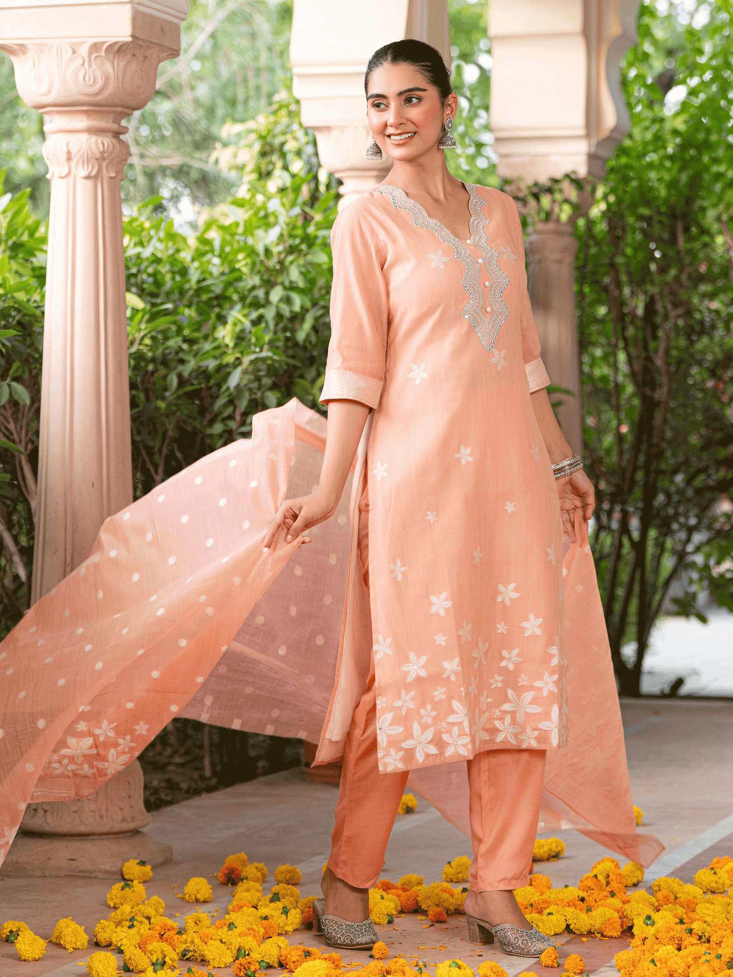 Chanderi Floral Straight Peach Kurta