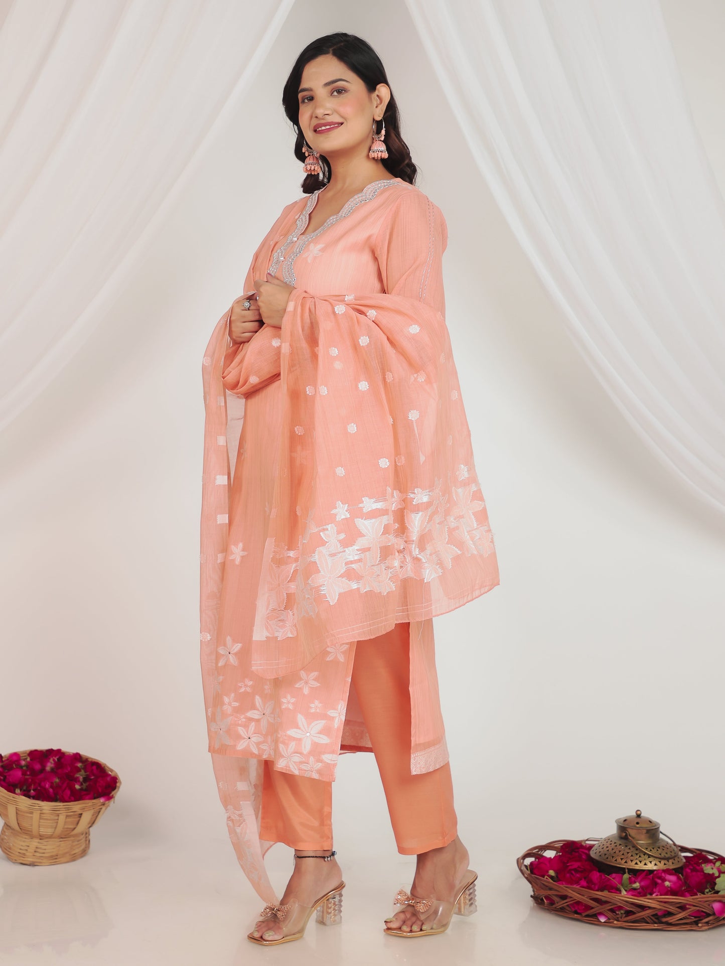 Chanderi Floral Straight Peach Kurta