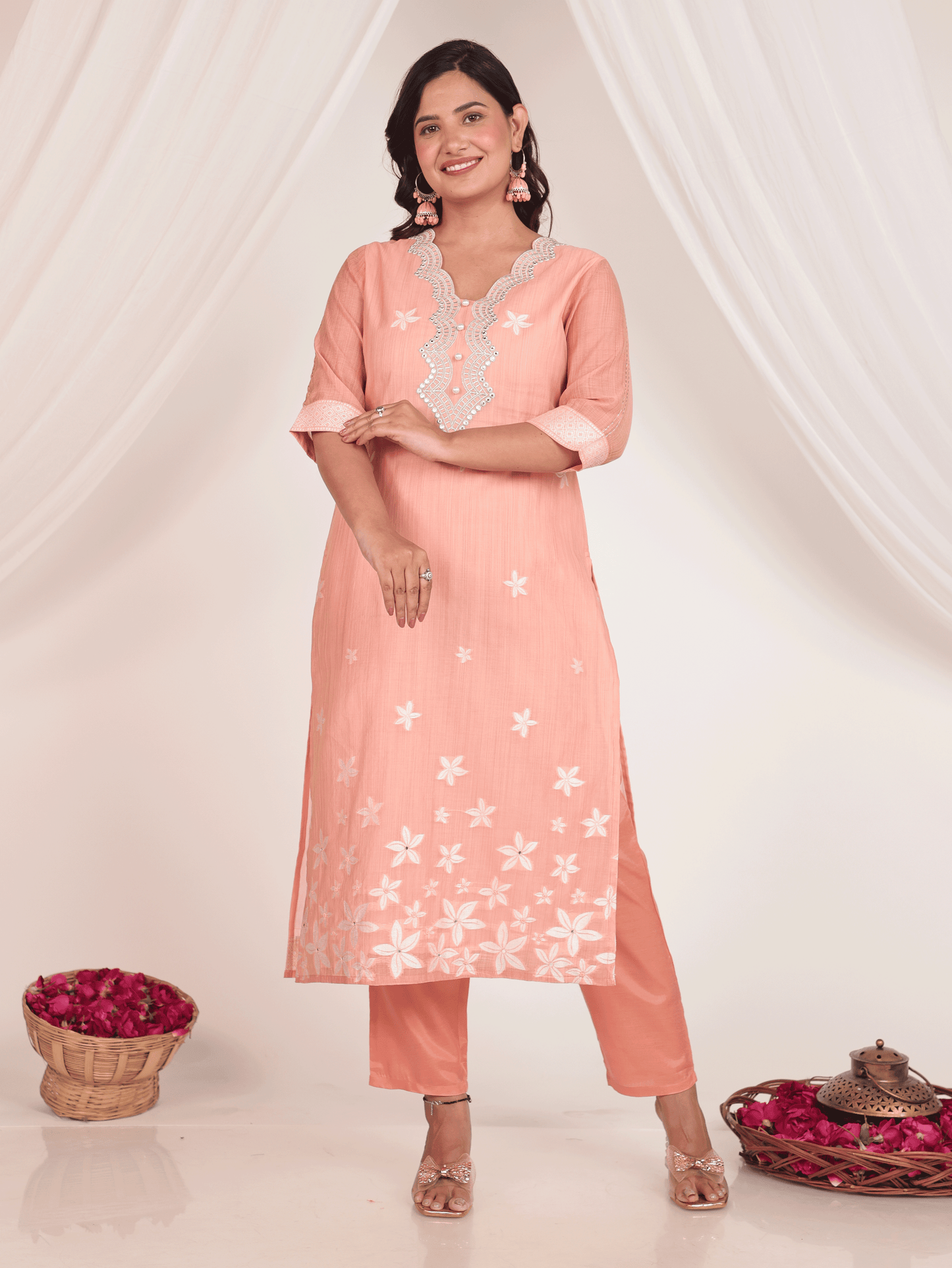 Chanderi Floral Straight Peach Kurta