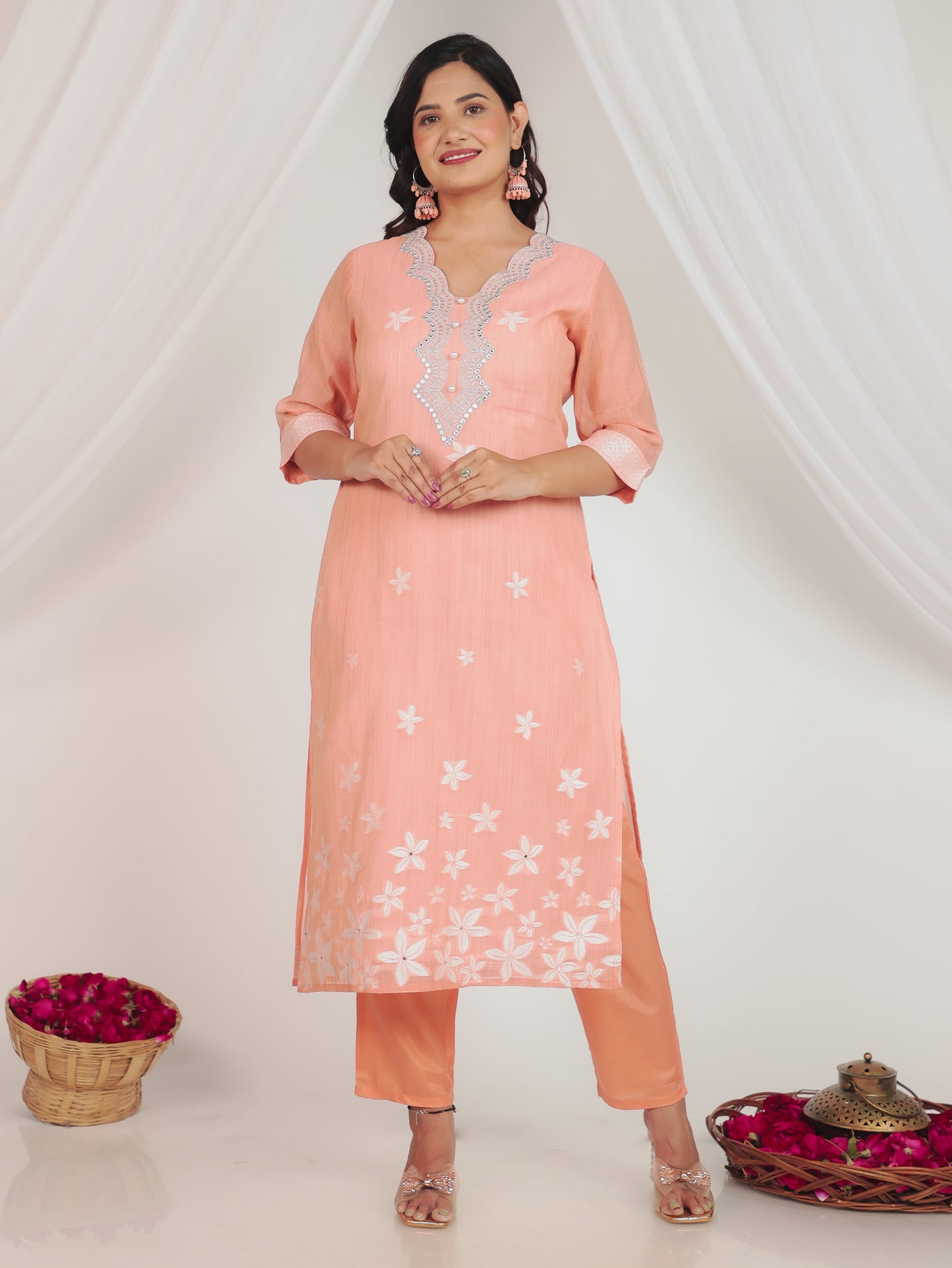 Chanderi Floral Straight Peach Kurta