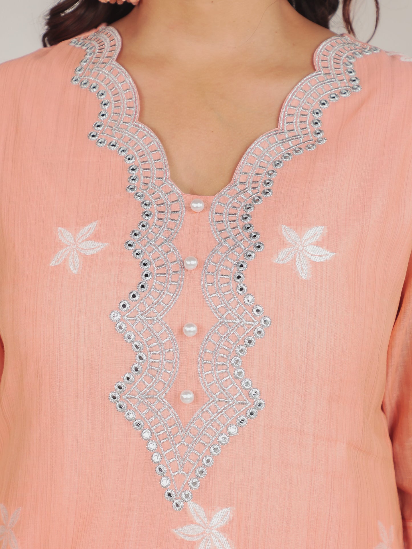 Chanderi Floral Straight Peach Kurta