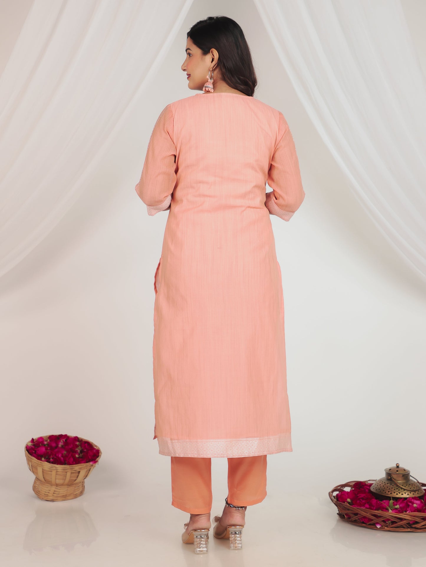 Chanderi Floral Straight Peach Kurta
