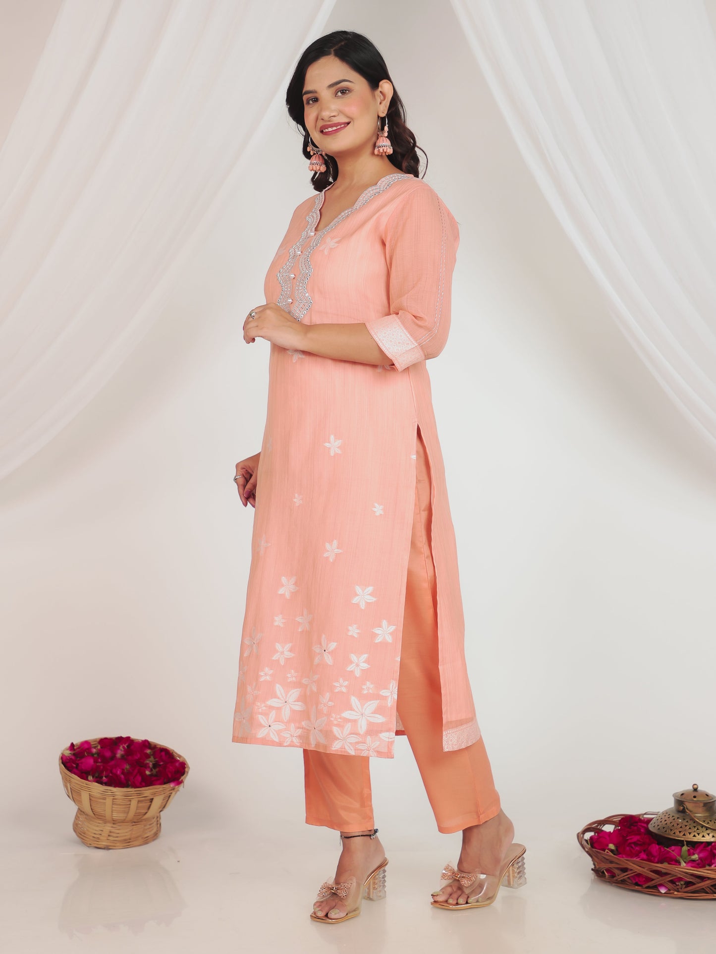 Chanderi Floral Straight Peach Kurta