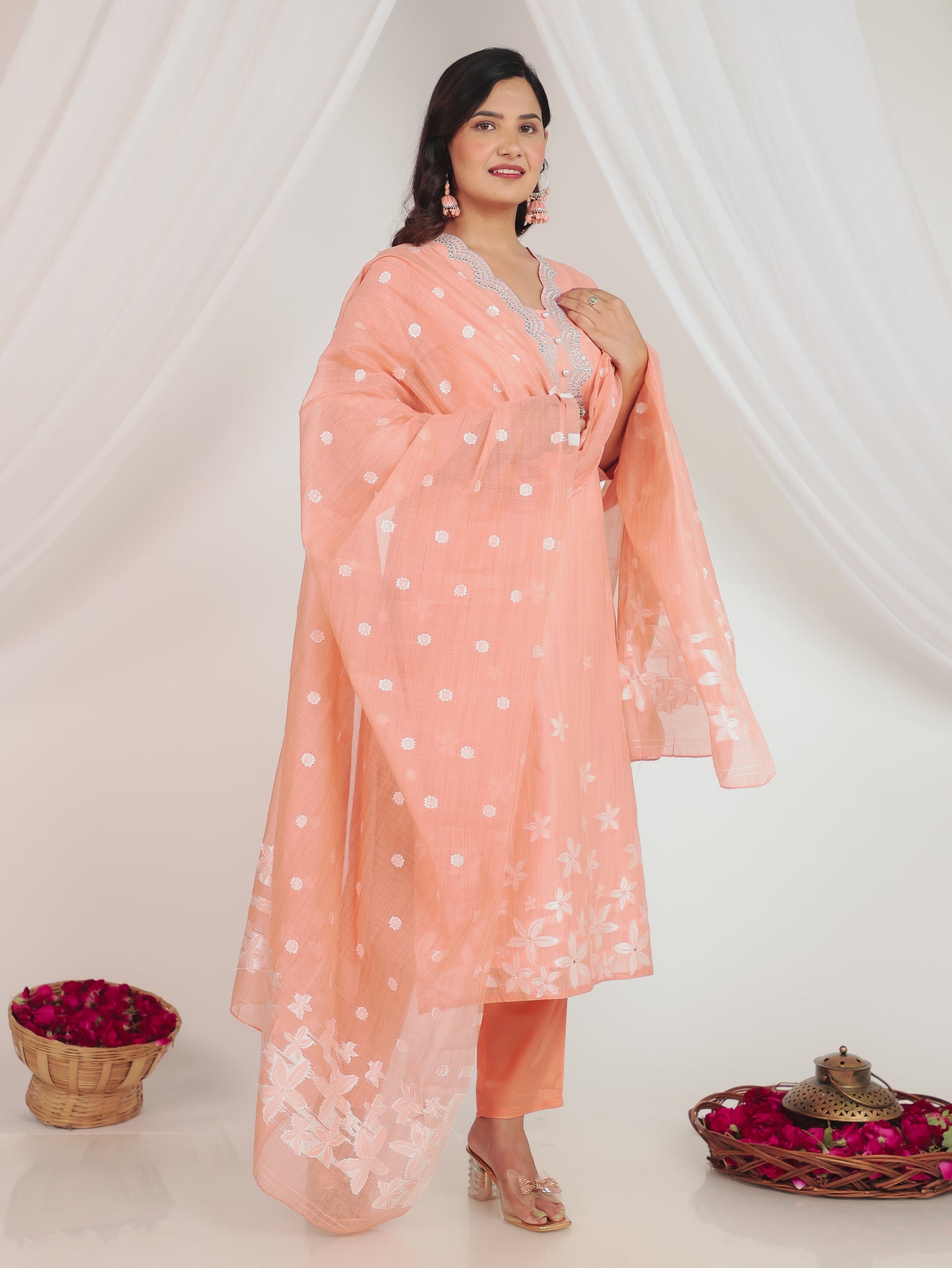 Chanderi Floral Straight Peach Kurta