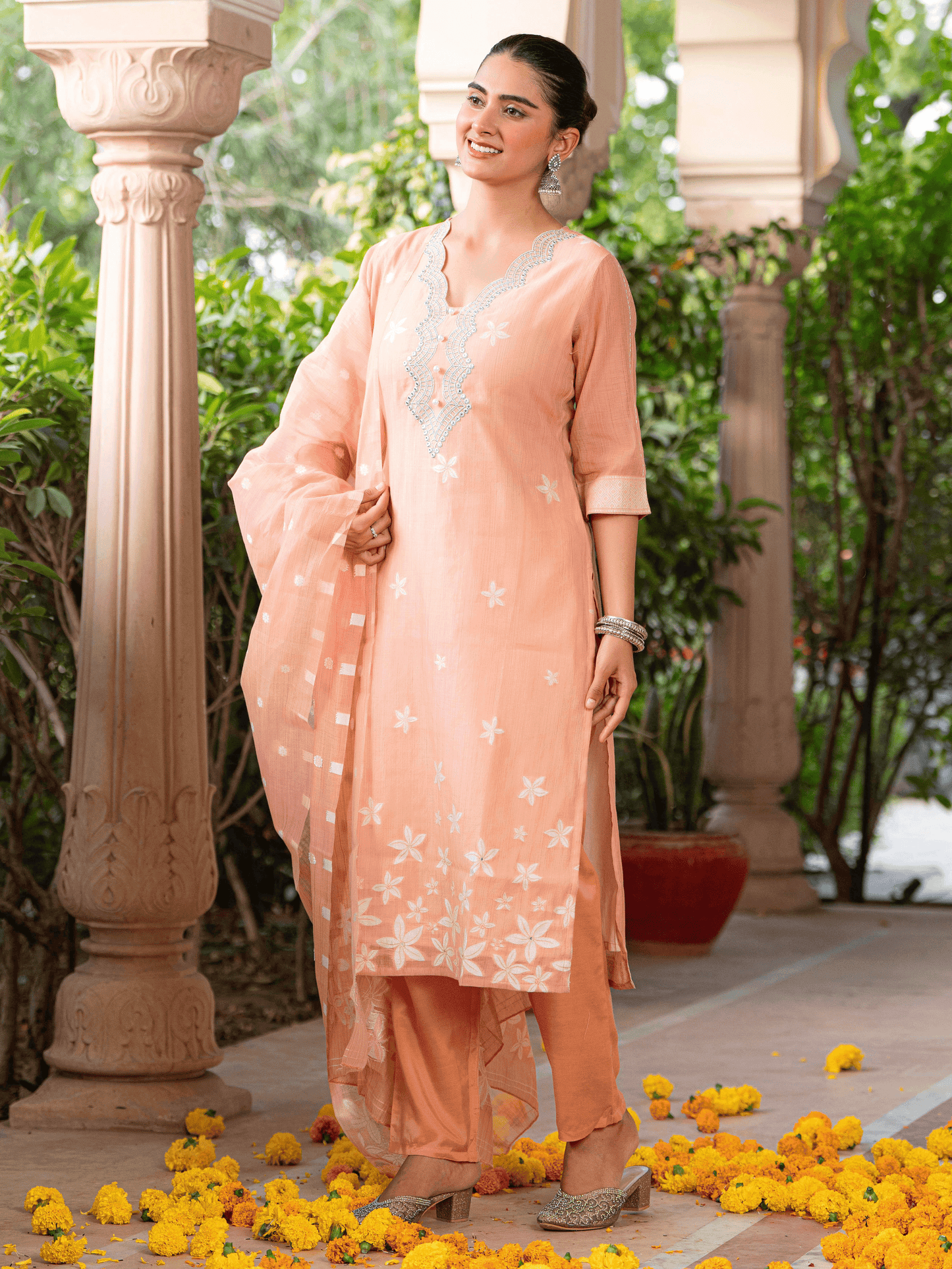 Chanderi Floral Straight Peach Kurta
