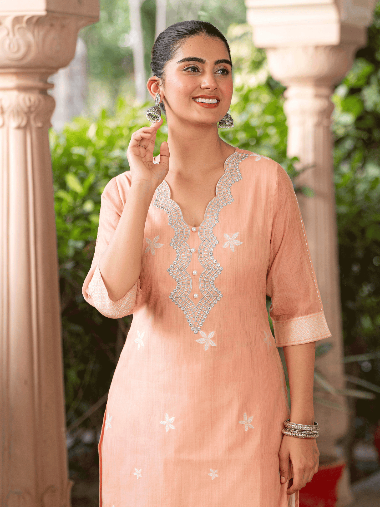 Chanderi Floral Straight Peach Kurta