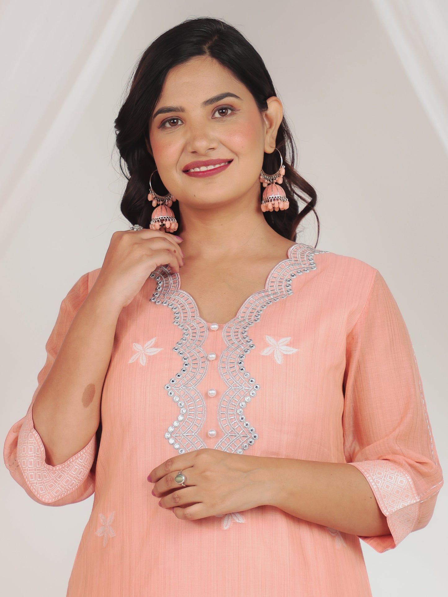 Chanderi Floral Straight Peach Kurta