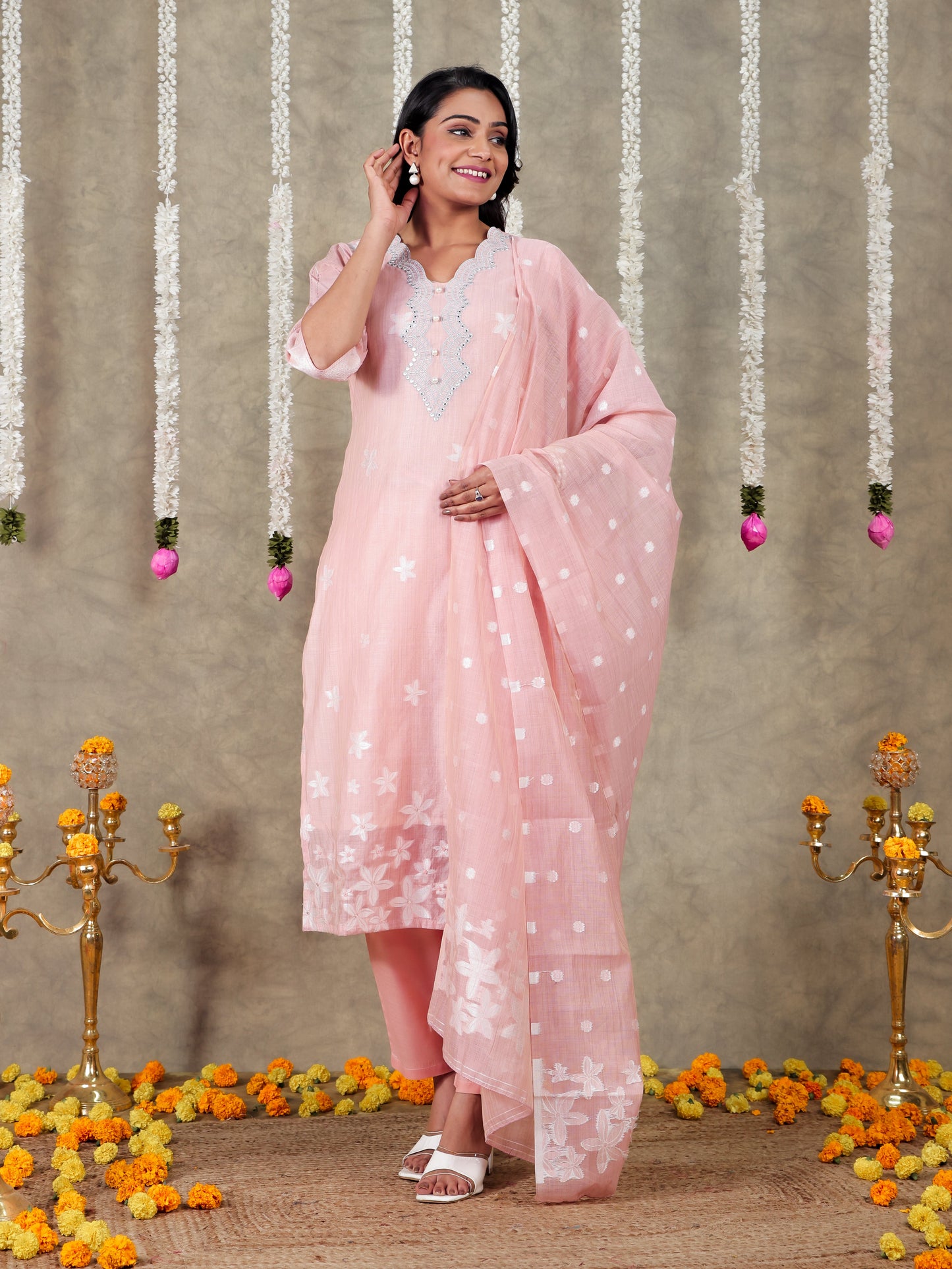Chanderi Floral Baby Pink Dupatta