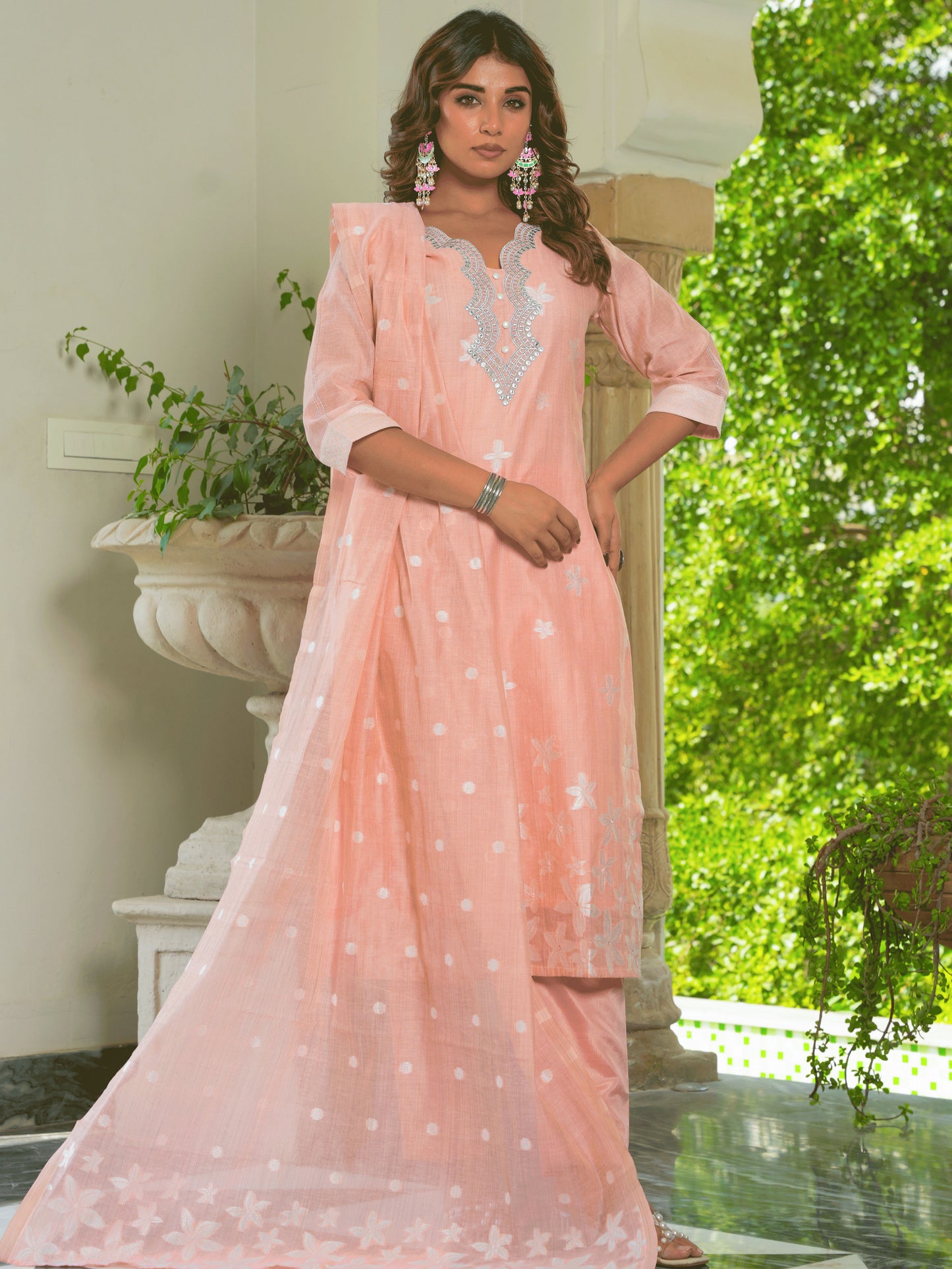Embroidered Chanderi Jacquard Floral Straight Peach Kurta