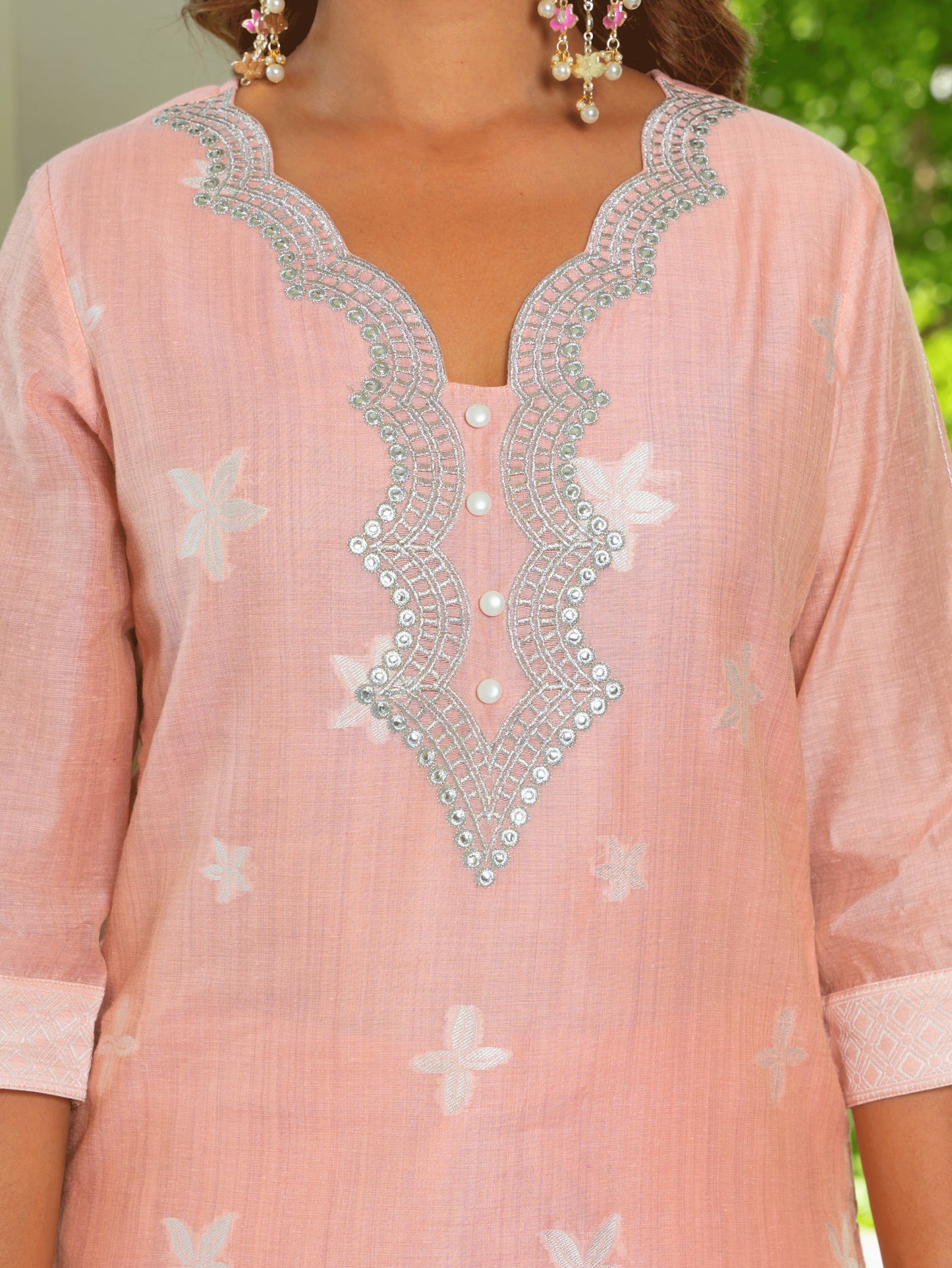 Embroidered Chanderi Jacquard Floral Straight Peach Kurta
